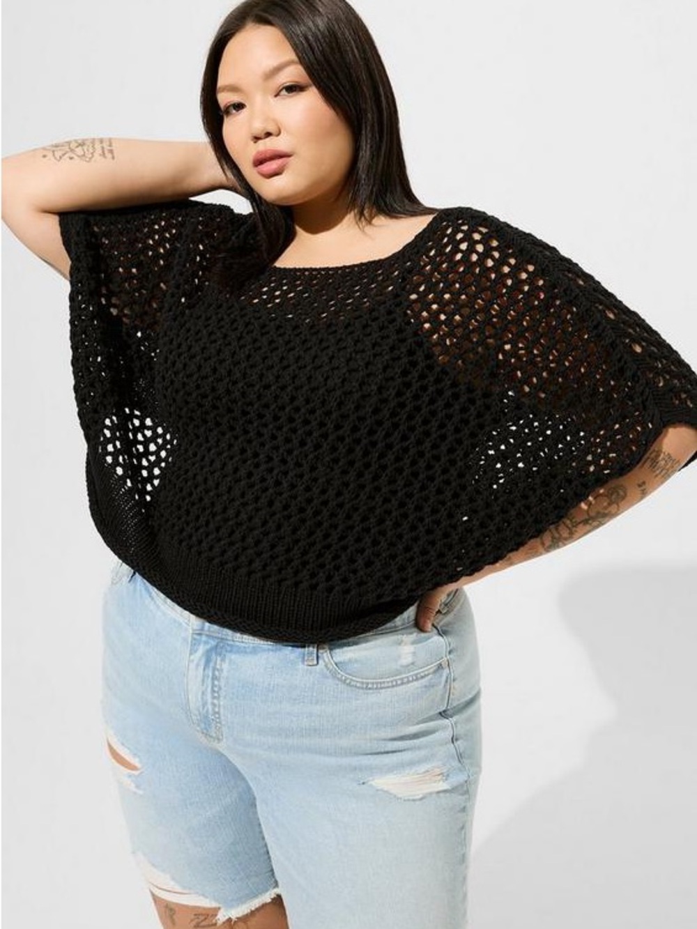 Torrid Sweater Womens Plus 2XL Black Open Stitch Crochet Cropped Top